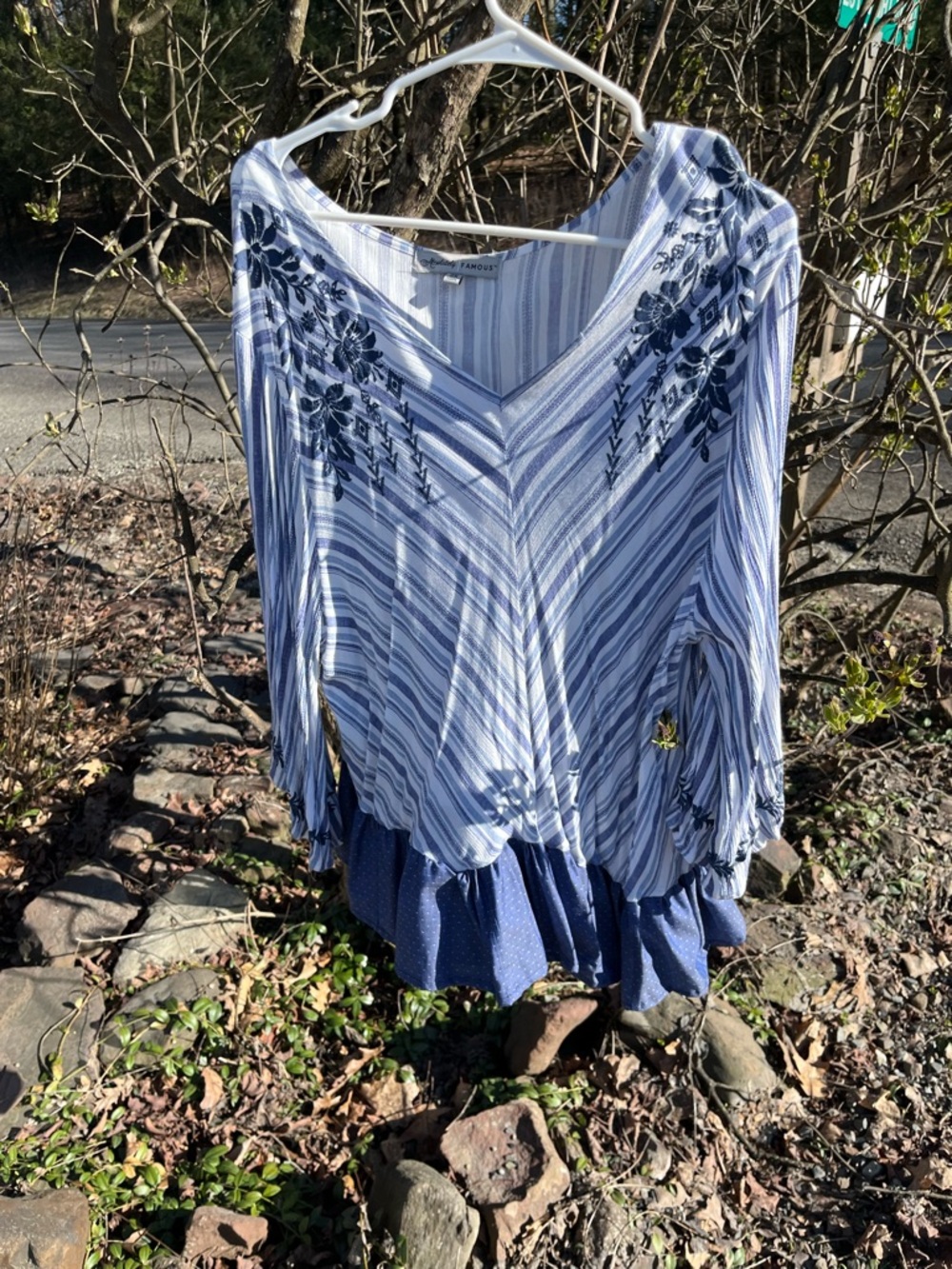 Absolutely Famous Blue & White Striped V-Neck Blouse with Embroidery